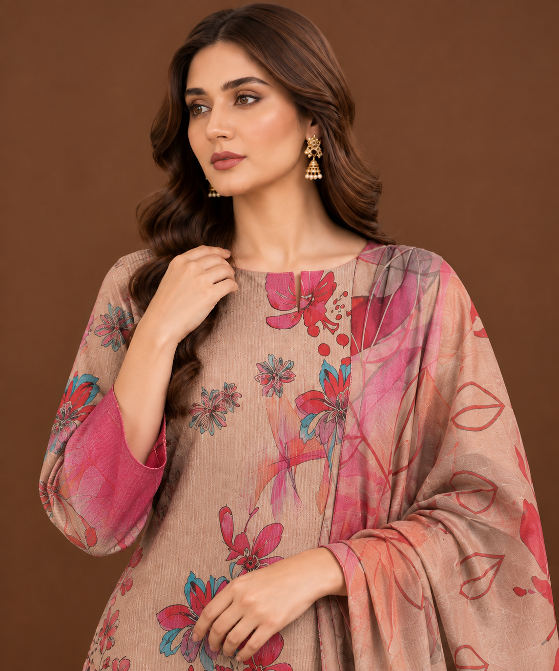 Pink floral printed Pakistani lawn suit for women