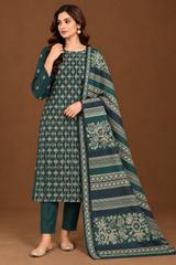 Emerald Green Heritage 3 Piece Unstitched Dhanak Suit with Multani Shawl front view