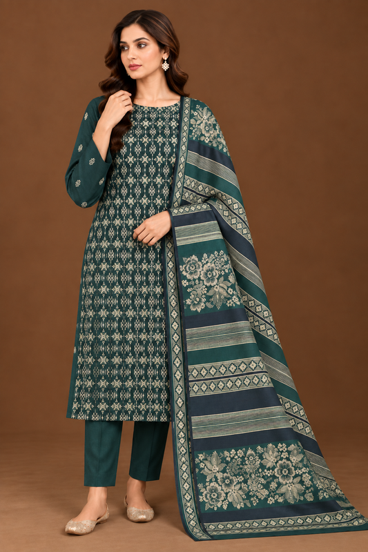 Emerald Green Heritage 3 Piece Unstitched Dhanak Suit with Multani Shawl front view