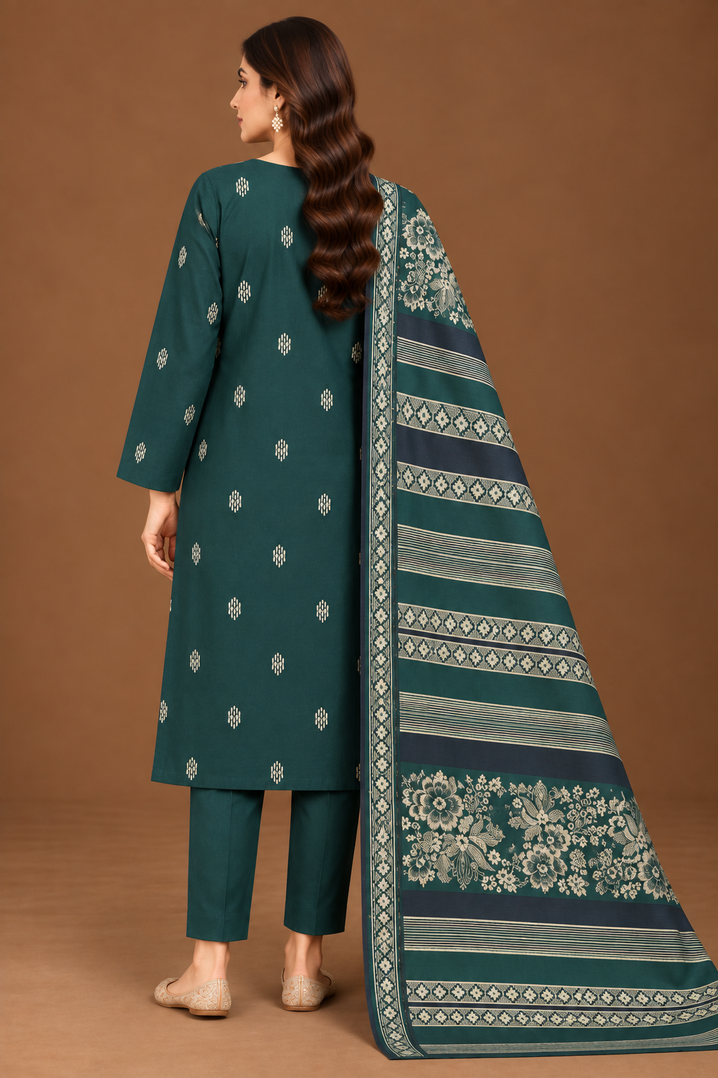 Emerald Green Heritage women's unstitched Dhanak suit with Multani shawl back view