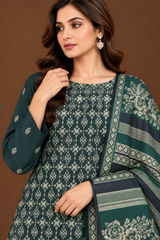 Emerald Green Dhanak winter suit with traditional ivory motifs and warm Multani shawl close up