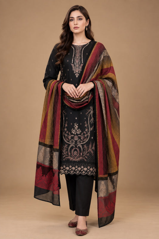 Classic black embroidered 3 piece unstitched Dhanak suit with printed shawl front view