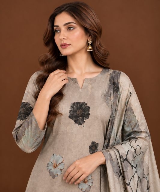 Grey floral printed Pakistani lawn suit for women