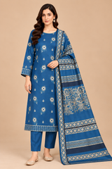 Royal Blue Floral 3 Piece Unstitched Dhanak Suit with Warm Multani Shawl front view