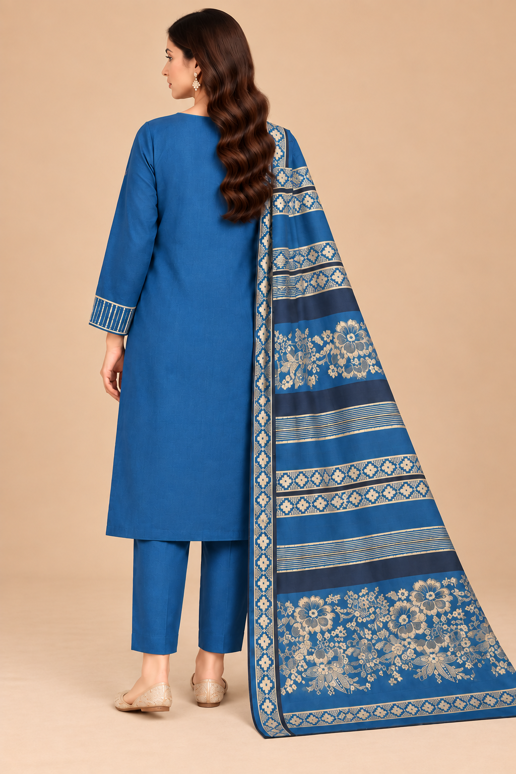 Royal Blue 3 Piece Unstitched Dhanak Suit with traditional Multani shawl back view