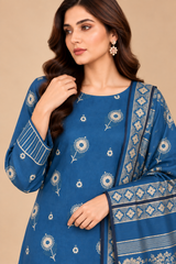 Royal Blue Dhanak winter suit with ivory floral motifs and warm Multani shawl close up