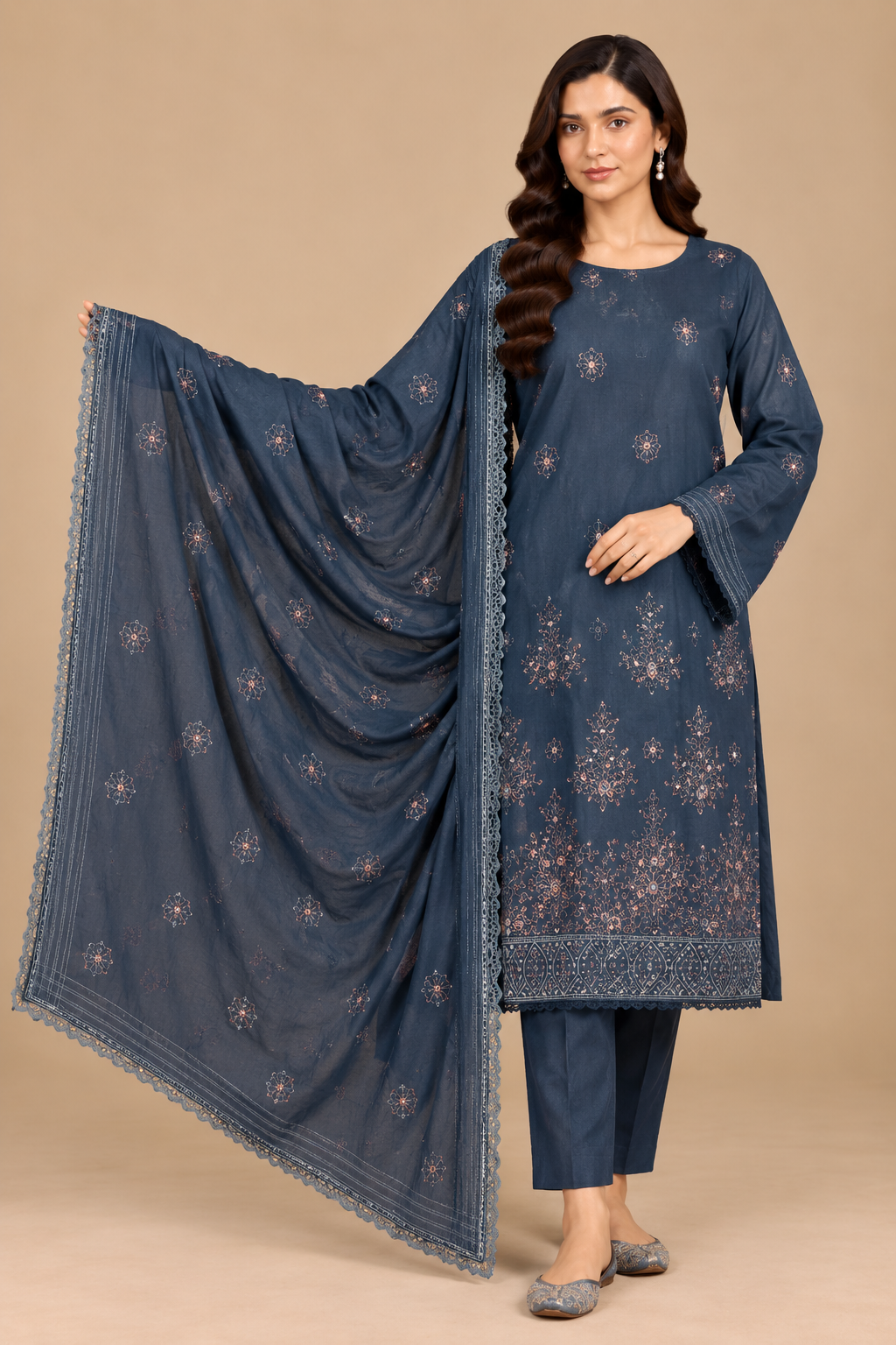 Midnight blue luxury embroidered lawn 3 piece unstitched suit with matching dupatta