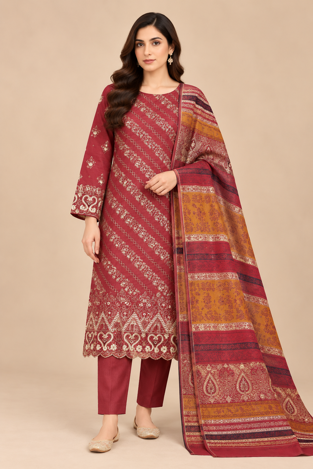 Rust Red Heritage 3 Piece Unstitched Dhanak Suit with Warm Multani Shawl front view
