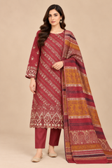 Rust Red Heritage 3 Piece Unstitched Dhanak Suit with Warm Multani Shawl front view