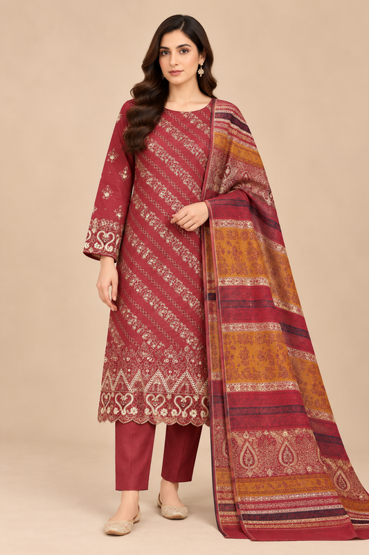 Rust Red Heritage 3 Piece Unstitched Dhanak Suit with Warm Multani Shawl front view