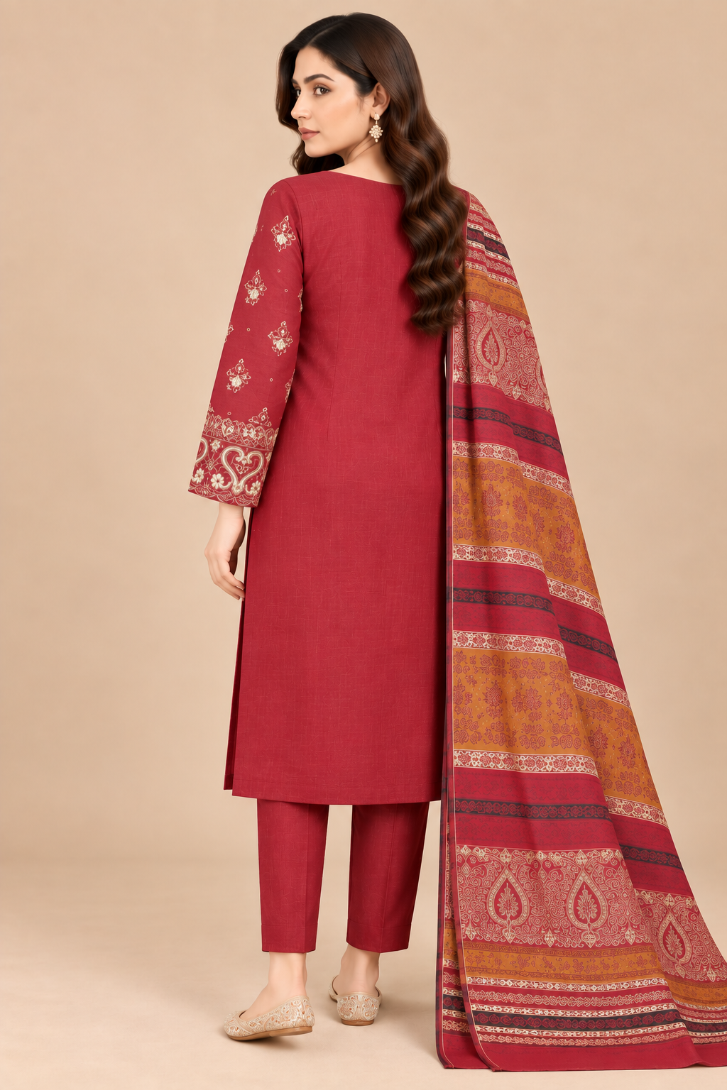 Rust Red Heritage women's unstitched Dhanak suit with traditional Multani shawl back view