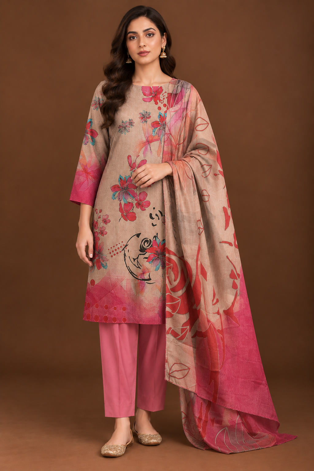 Blush pink floral 3 piece unstitched printed lawn suit for women