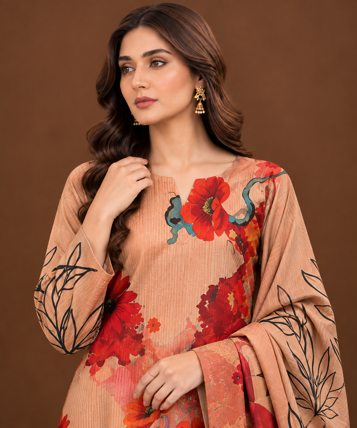 Coral red floral printed Pakistani lawn suit for women