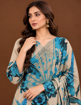 Teal blue floral printed Pakistani lawn suit for women