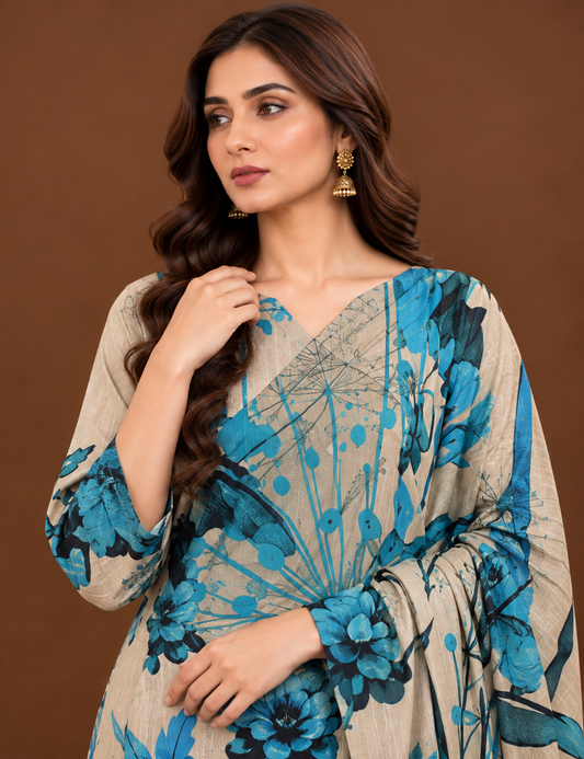 Teal blue floral printed Pakistani lawn suit for women