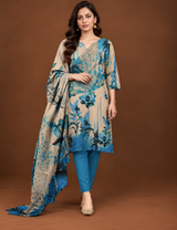 Teal blue floral 3 piece unstitched printed lawn suit for women