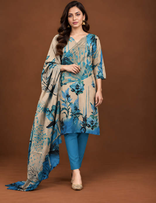 Teal blue floral 3 piece unstitched printed lawn suit for women