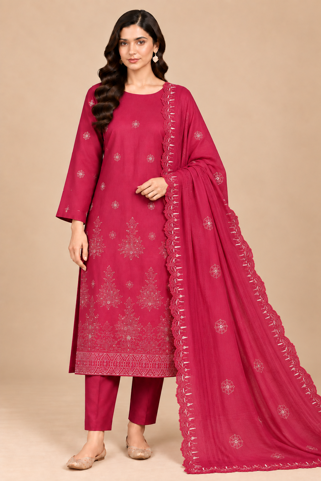 Raspberry pink luxury embroidered lawn 3 piece unstitched suit with matching dupatta