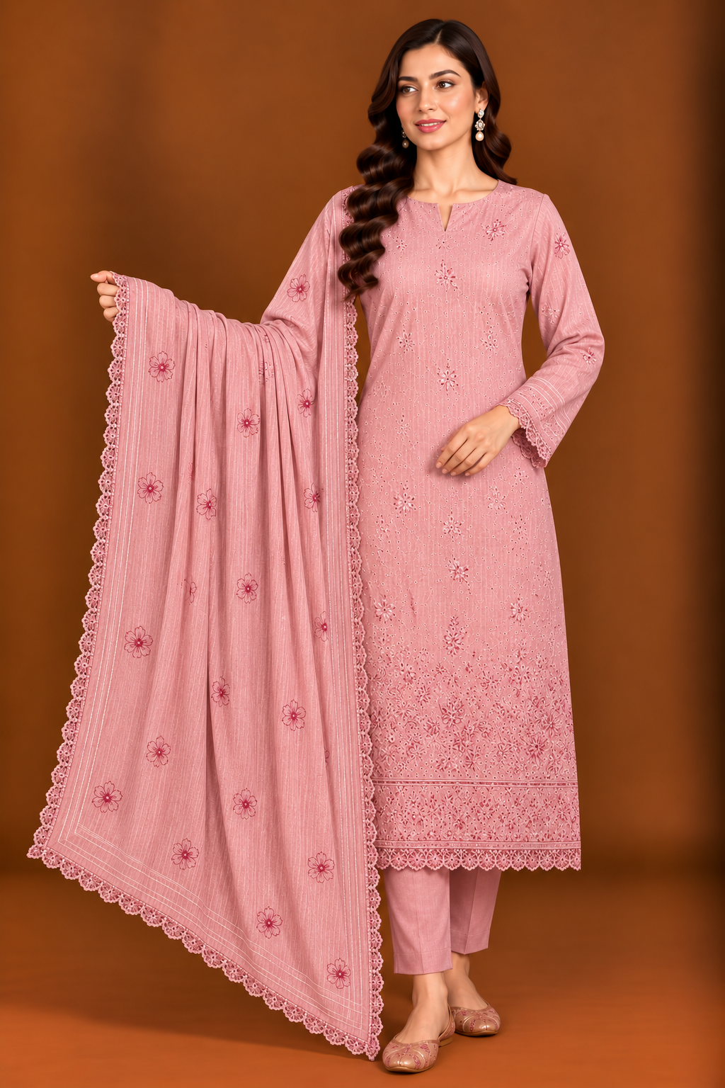 Dusty rose pink luxury embroidered lawn 3 piece unstitched suit with matching dupatta