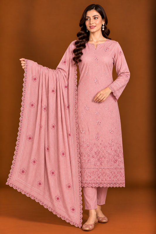 Dusty rose pink luxury embroidered lawn 3 piece unstitched suit with matching dupatta