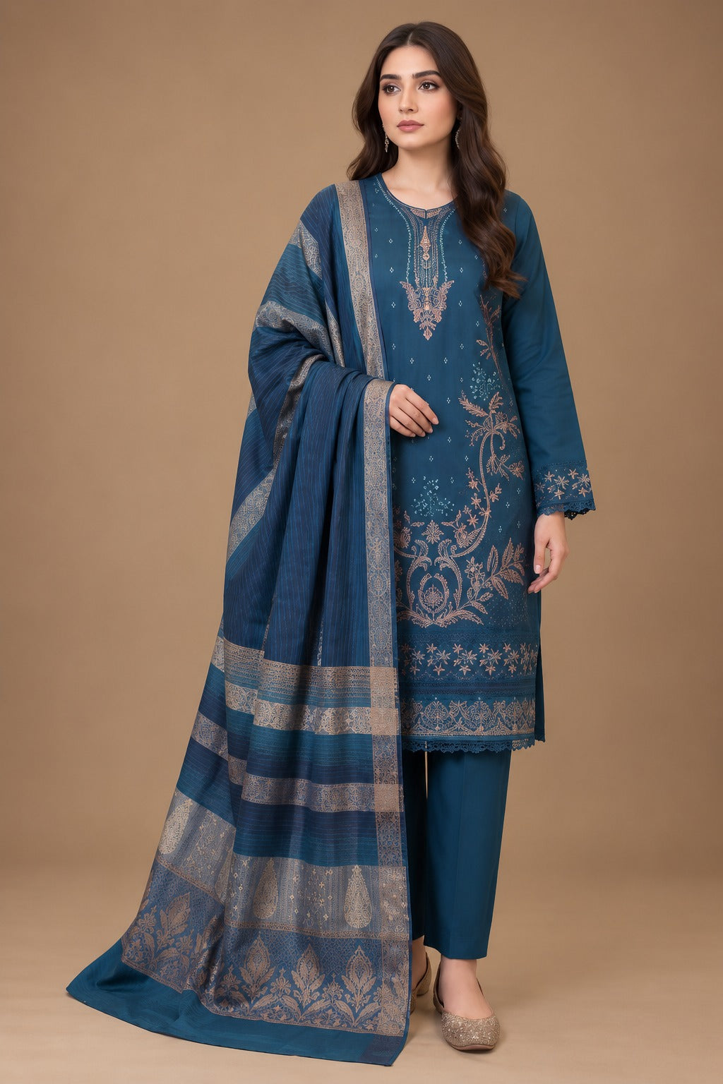 Teal blue embroidered 3 piece unstitched Dhanak suit with printed shawl front view