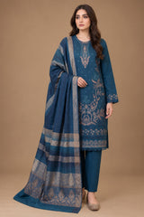 Teal blue embroidered 3 piece unstitched Dhanak suit with printed shawl front view