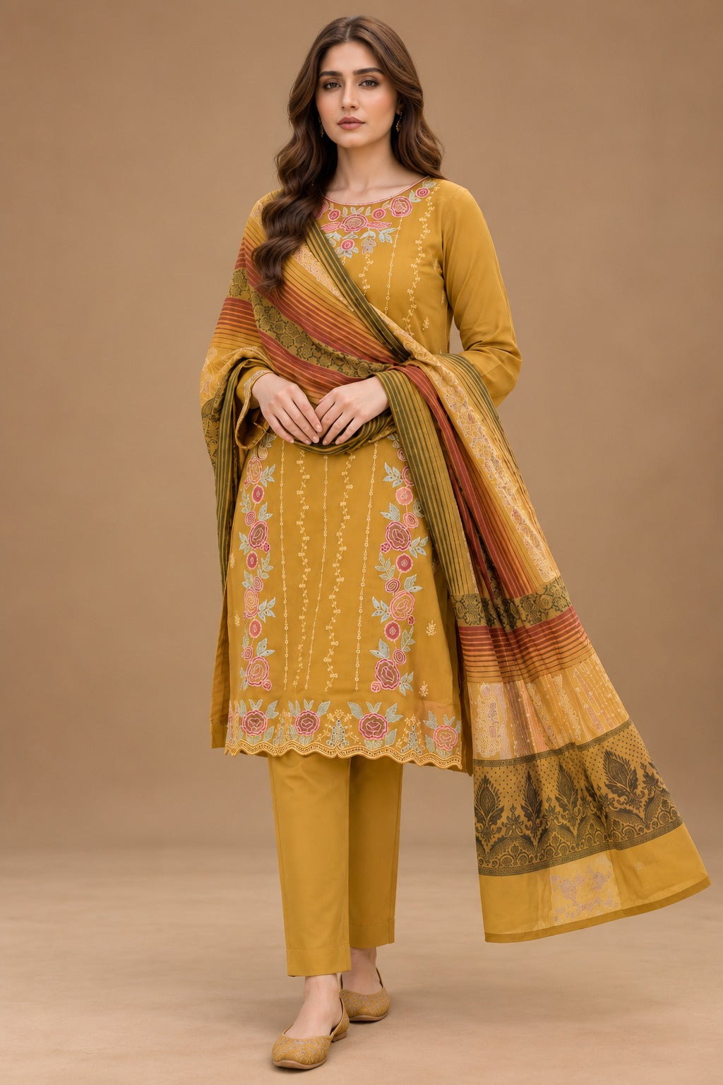 Mustard Gold Embroidered 3 Piece Unstitched Dhanak Suit with Warm Multani Shawl front view