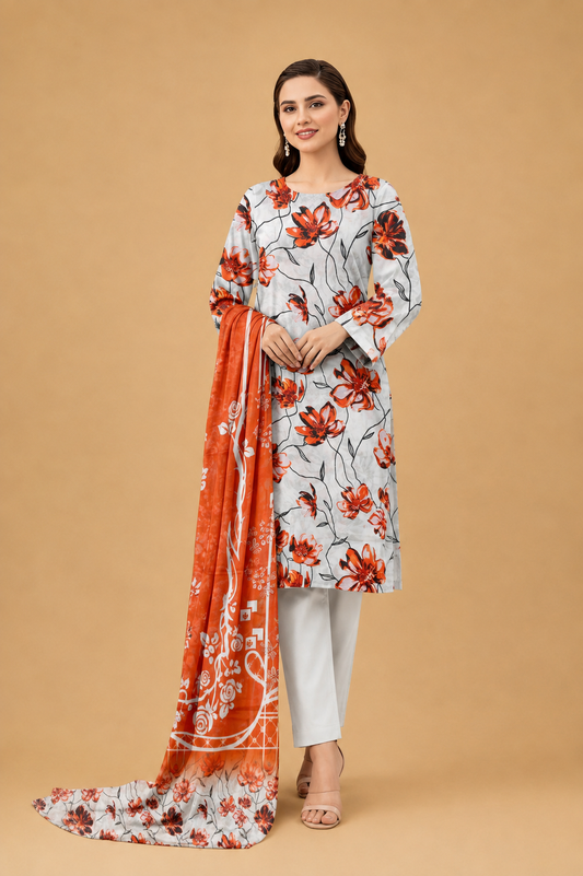 Coral Petals – Luxury Print Lawn 3 Piece Suit