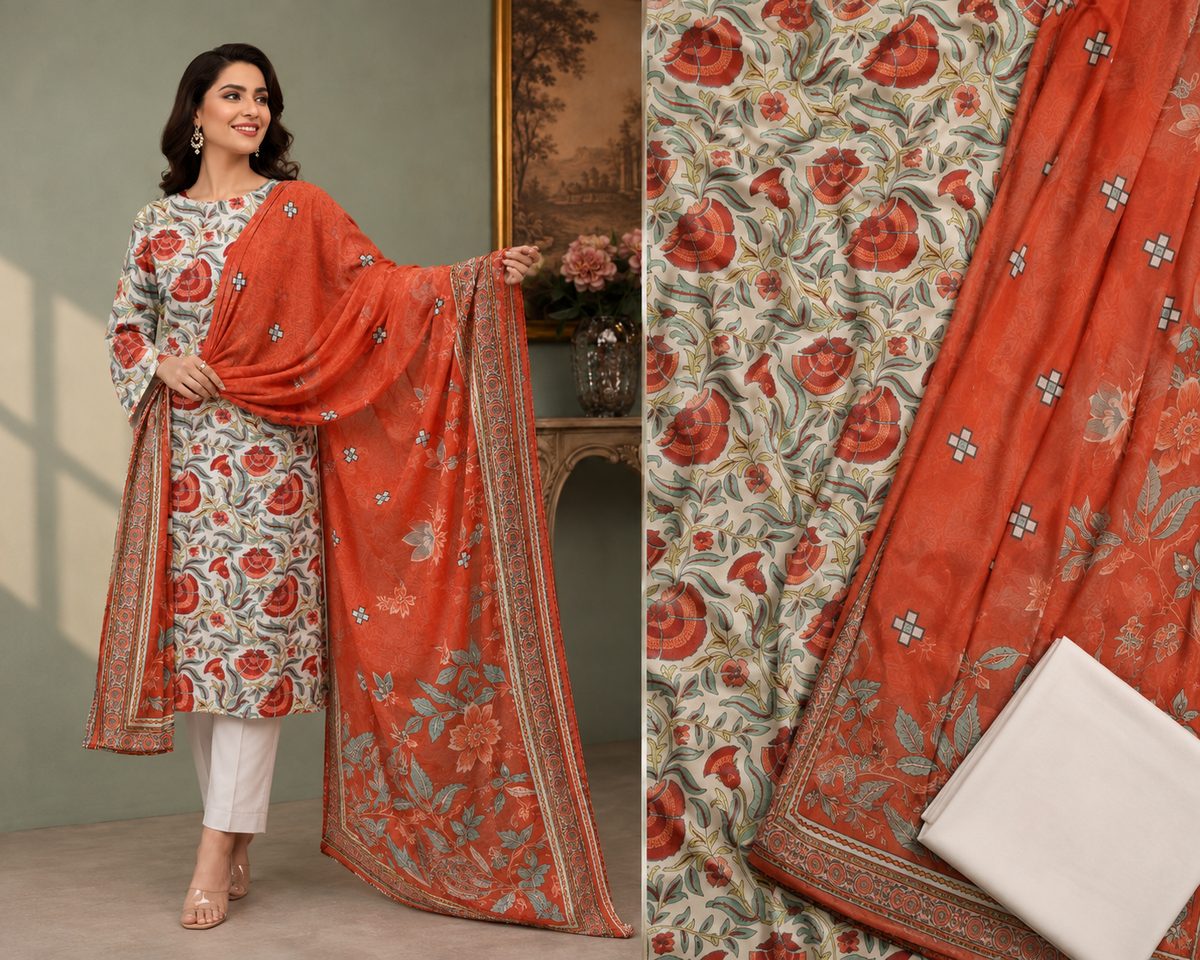 Rose Terracotta p– Luxury Print Lawn 3 Piece Suit