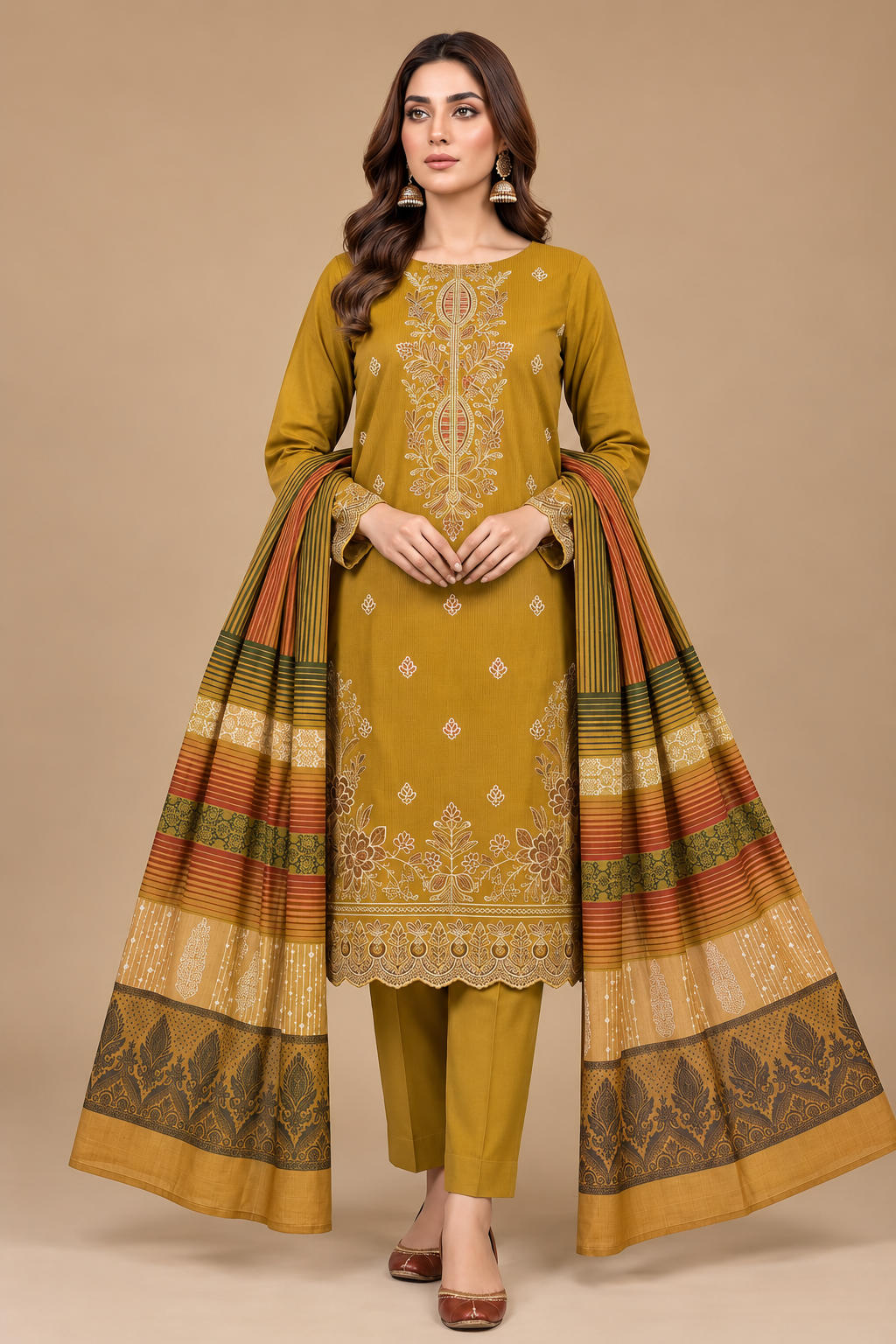 Mustard Gold Embroidered 3 Piece Unstitched Dhanak Suit with Multani Shawl