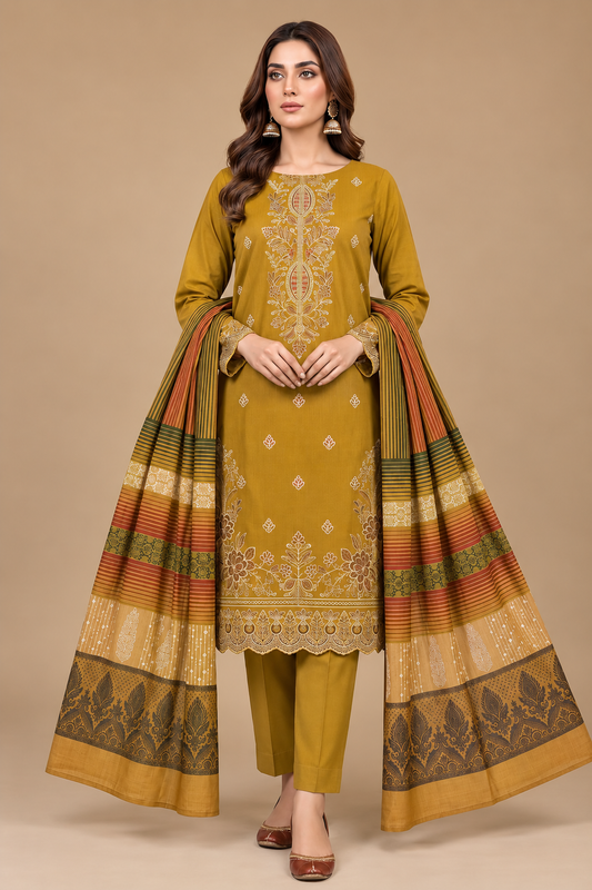 Mustard Gold Embroidered 3 Piece Unstitched Dhanak Suit with Multani Shawl
