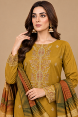 Mustard Gold Dhanak Suit Floral Embroidery and Sleeve Detail Close Up