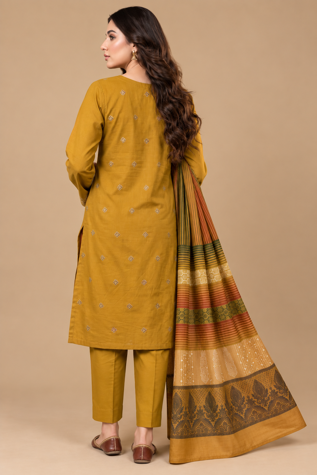 Mustard Gold 3 Piece Dhanak Suit Back View with Traditional Multani Shawl