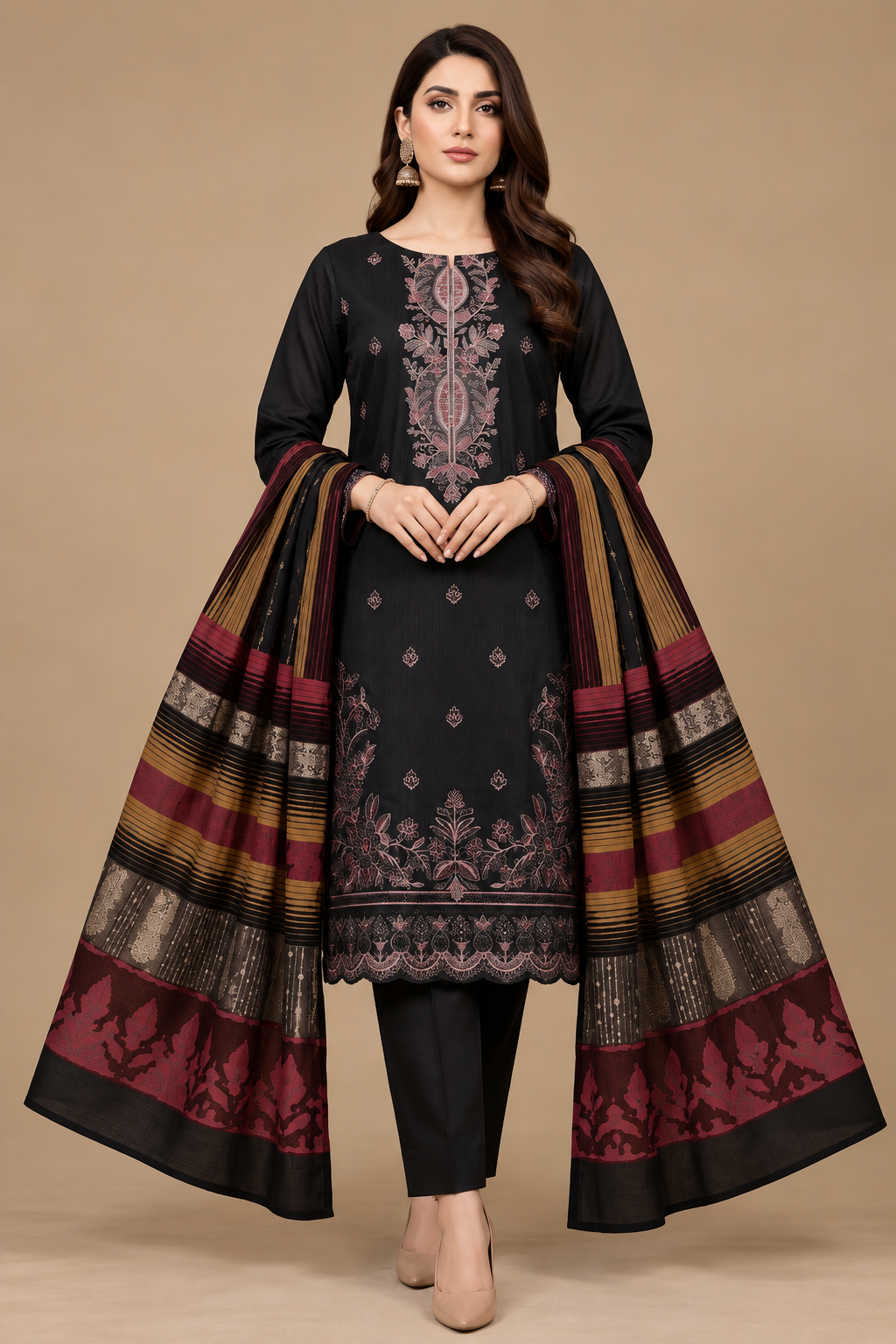 Black Embroidered 3 Piece Unstitched Dhanak Suit