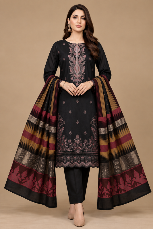 Black Embroidered 3 Piece Unstitched Dhanak Suit