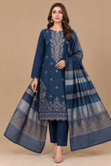 Royal Blue Embroidered 3 Piece Unstitched Dhanak Suit with Multani Shawl