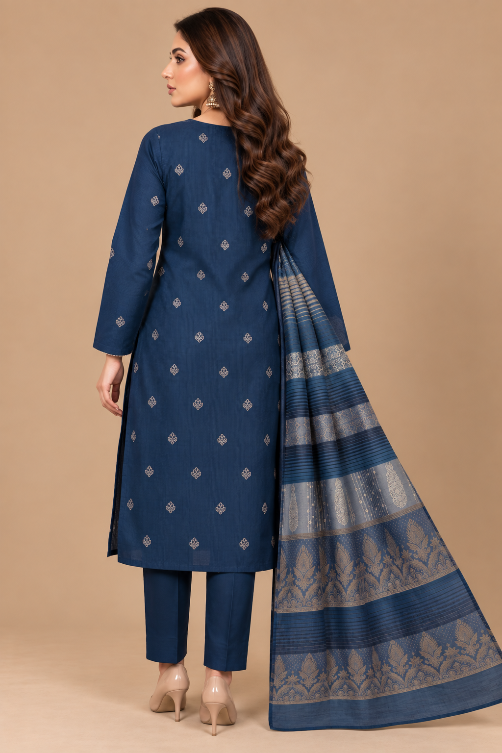 Royal Blue 3 Piece Unstitched Dhanak Suit Back View with Multani Shawl