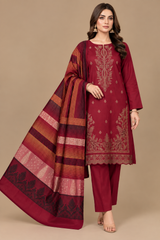 Crimson Red Botanical 3 Piece Unstitched Dhanak Suit with Multani Shawl