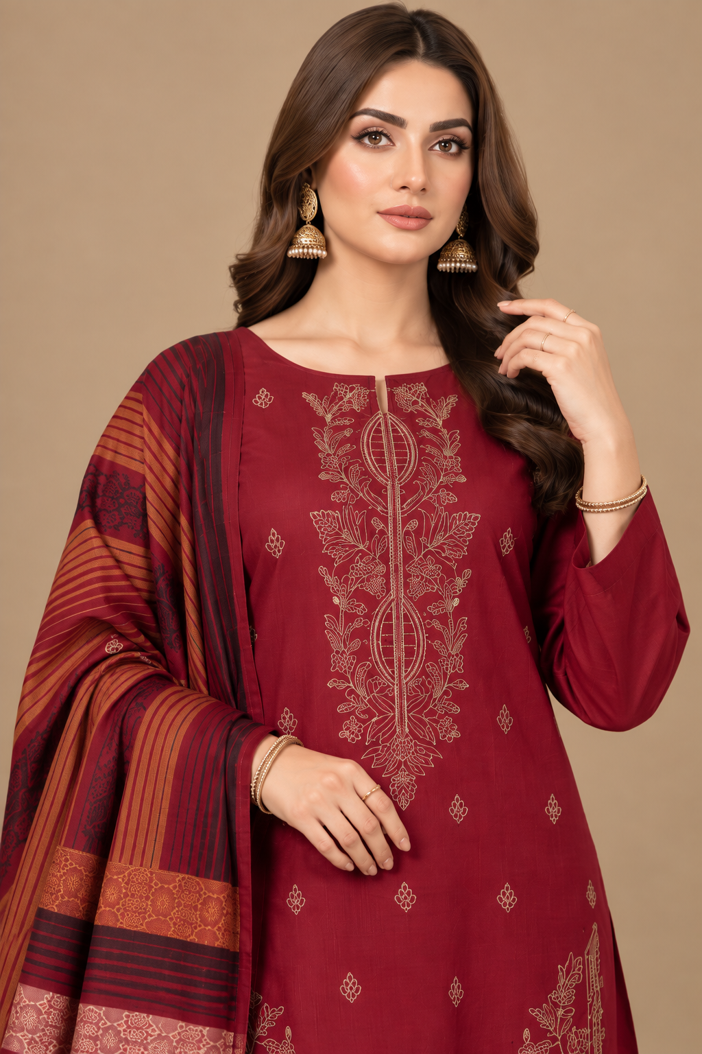 Crimson Red Dhanak Suit Botanical Embroidery Detail with Multani Shawl