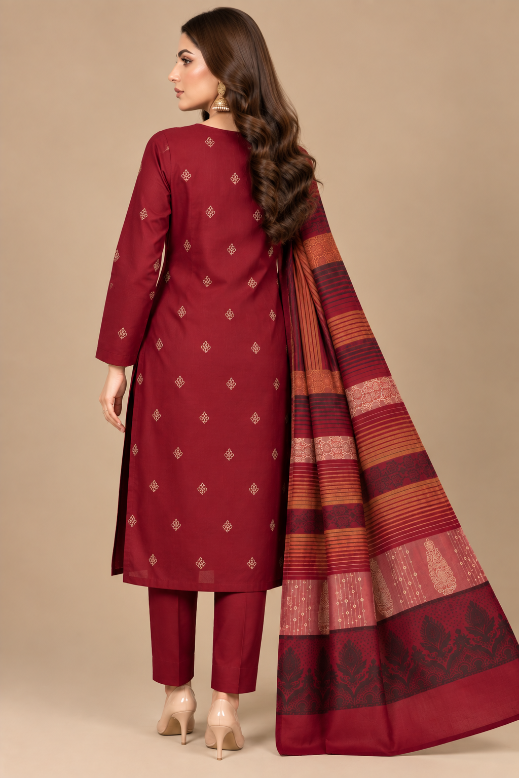 Crimson Red 3 Piece Unstitched Dhanak Suit Back View with Multani Shawl