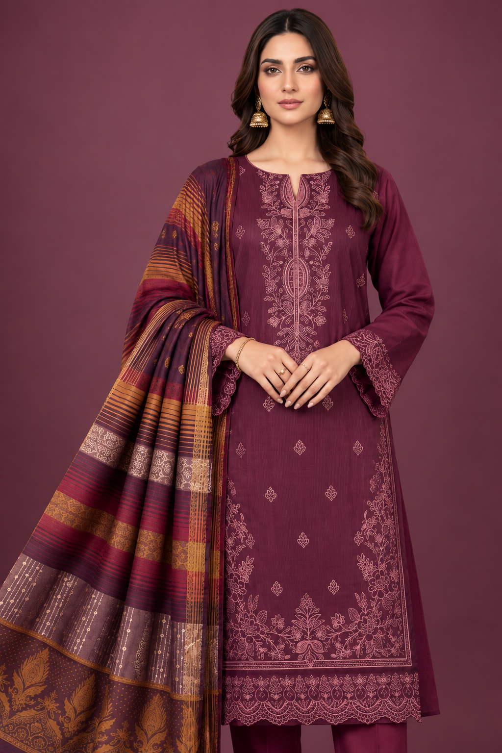 Plum Purple Botanical 3 Piece Unstitched Dhanak Suit with Multani Shawl