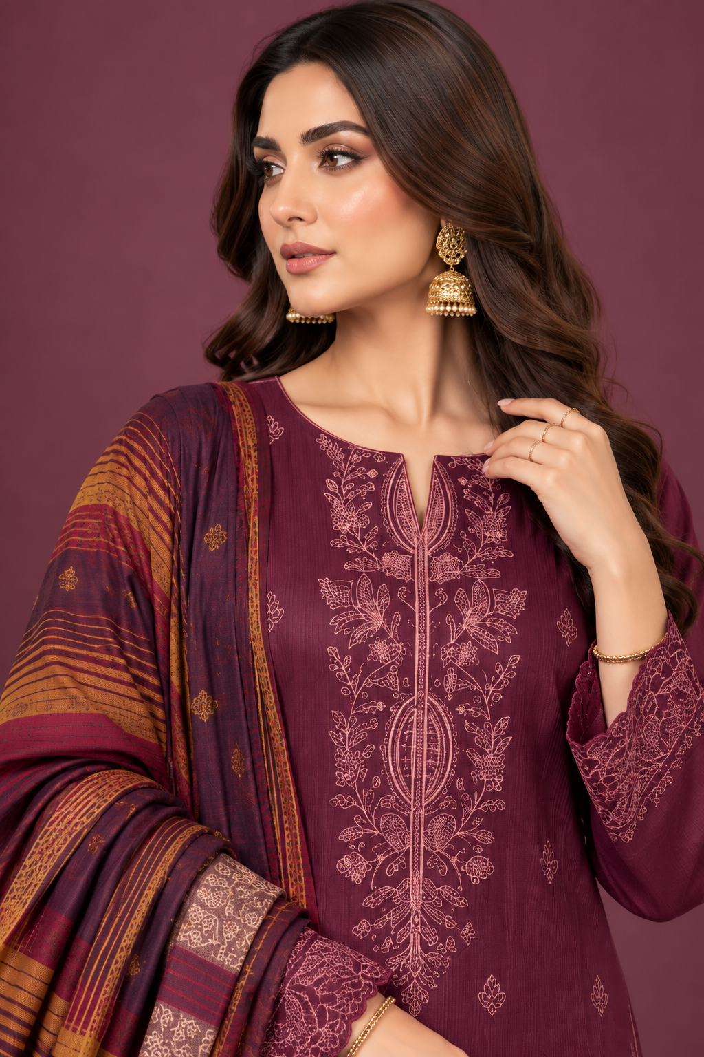 Plum Purple Dhanak Suit Botanical Embroidery Detail with Multani Shawl