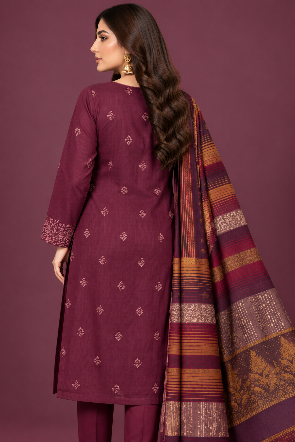 Plum Purple 3 Piece Unstitched Dhanak Suit Back View with Multani Shawl