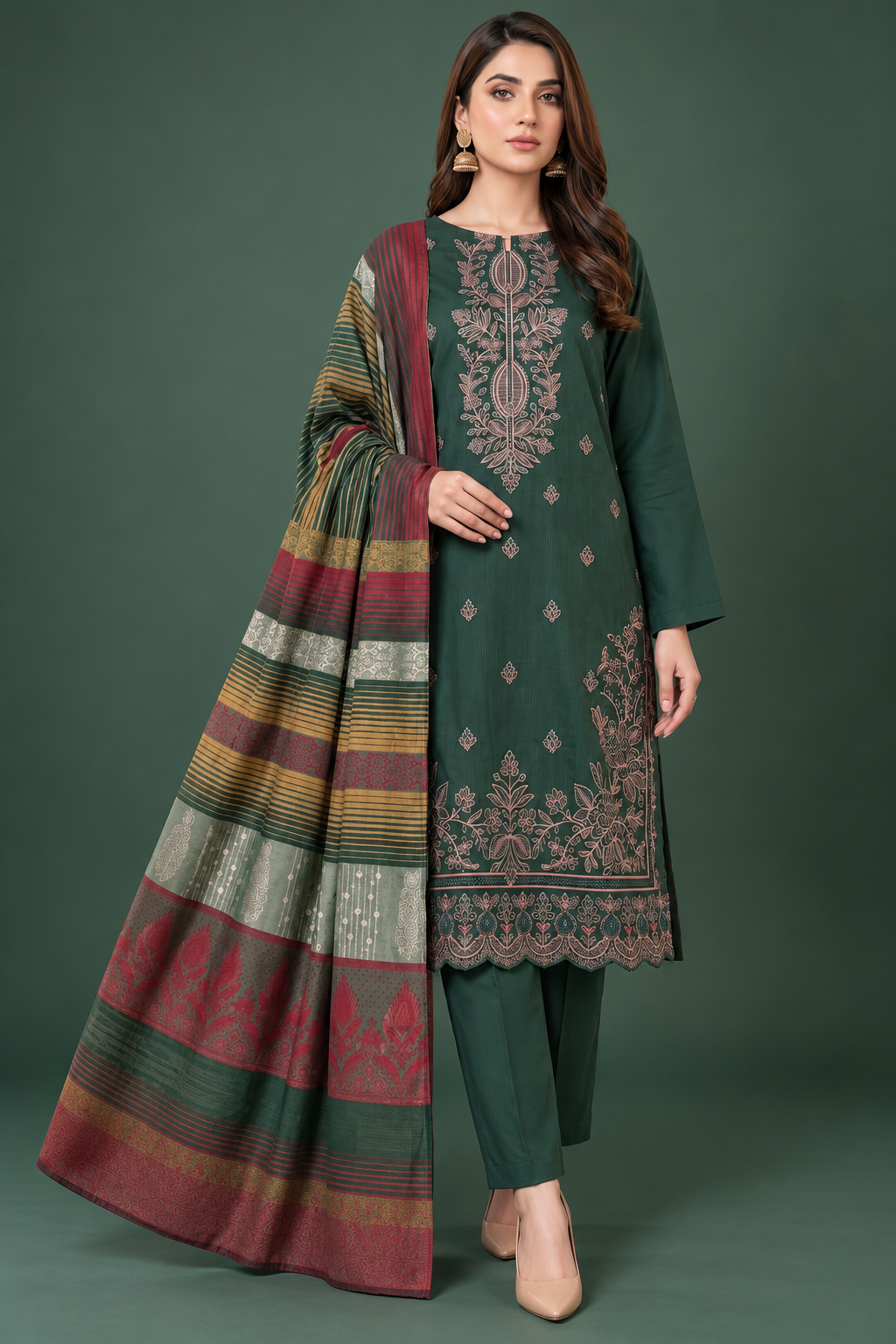 Emerald Green Botanical 3 Piece Unstitched Dhanak Suit with Multani Shawl