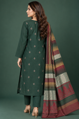 Emerald Green 3 Piece Unstitched Dhanak Suit Back View with Multani Shawl