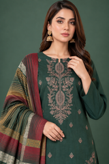 Emerald Green Dhanak Suit Botanical Embroidery Detail with Multani Shawl