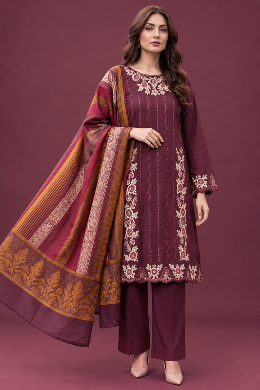 Royal Burgundy Embroidered 3 Piece Unstitched Dhanak Suit with Warm Multani Shawl front view