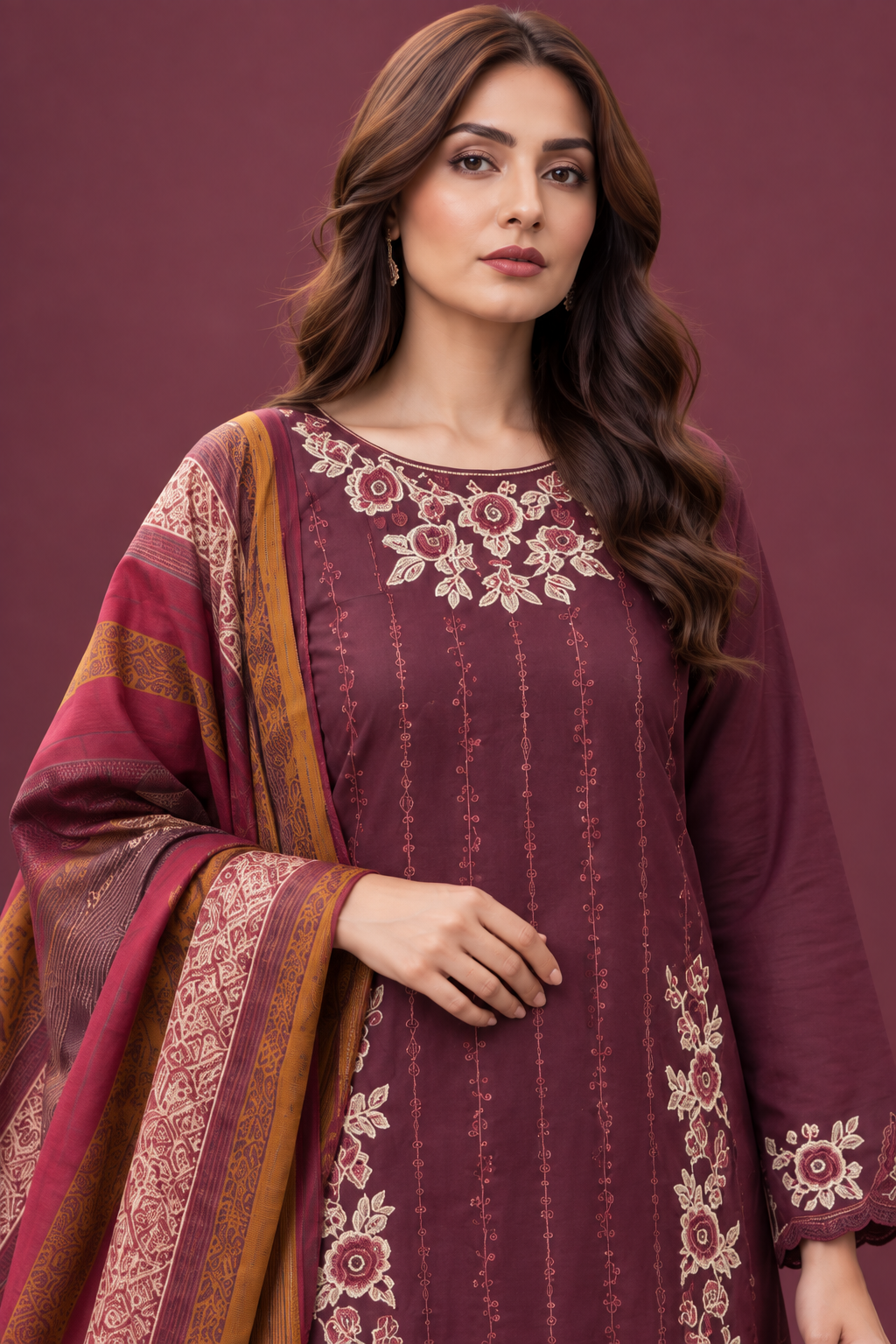 Royal Burgundy embroidered Dhanak suit floral neckline detail
