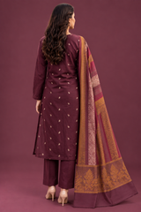 Royal Burgundy 3 Piece Unstitched Dhanak Suit with Warm Multani Shawl back view
