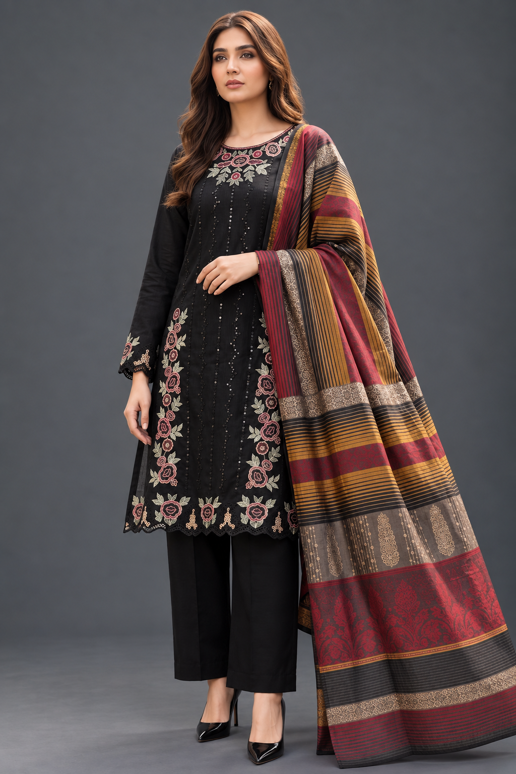 Midnight Black Embroidered 3 Piece Unstitched Dhanak Suit with Warm Multani Shawl front view